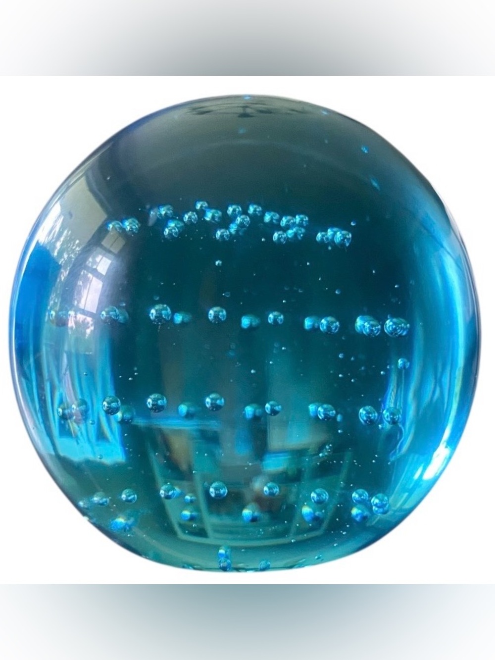 Controlled Bubble Round Art Glass Paperweight Teal Blue Spiral Approx 2” Heavy